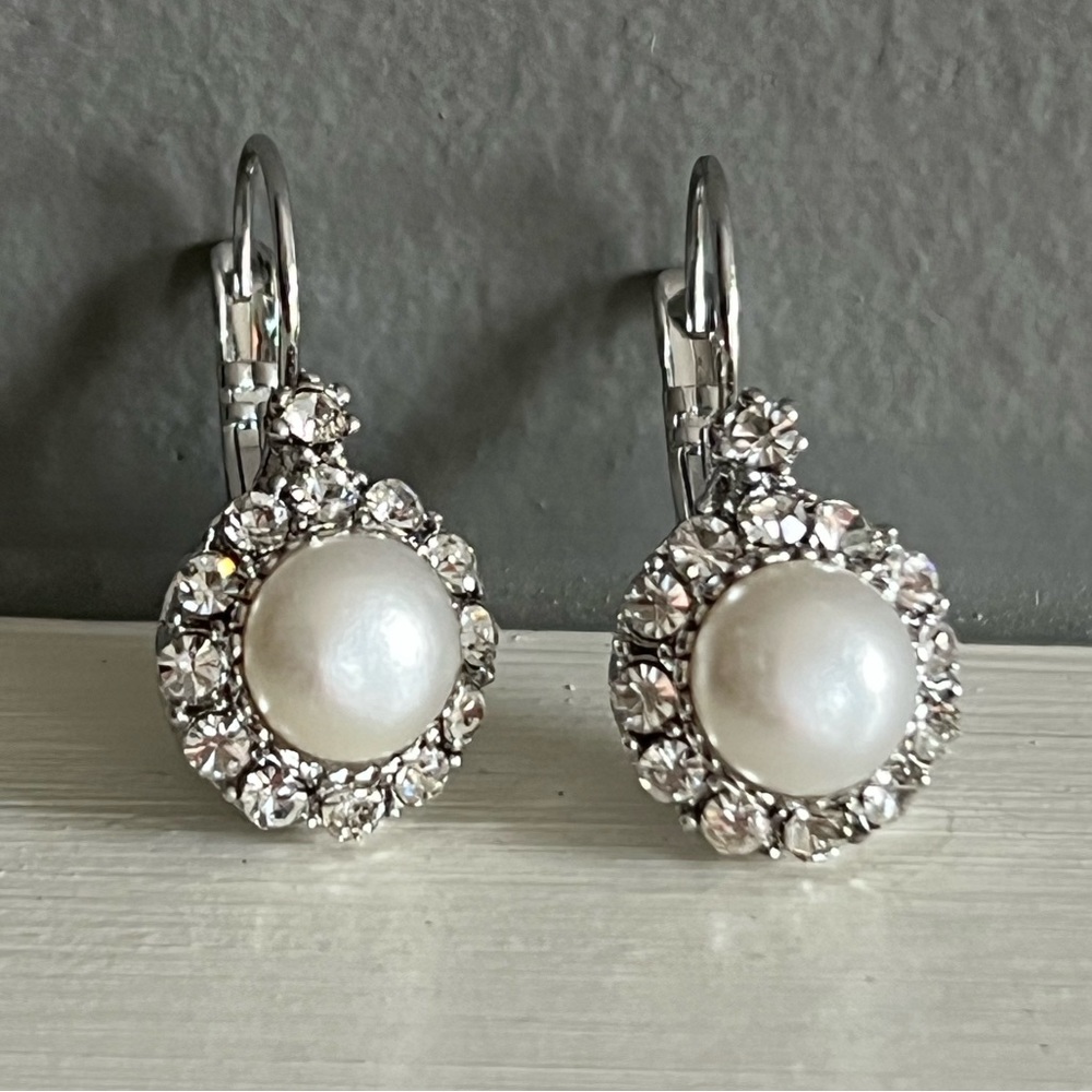 Czech Crystal and Pearl Drop Earrings Lever-back Nickel Free Dangle Clear CZ